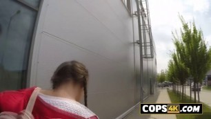 Hardcore threesome in prison with two horny cops and a petite European teen.