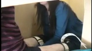 Japanese girl kneels down and reveals her blowjob