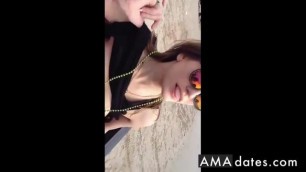 Girl Flashes her Tits to Friends on Beach