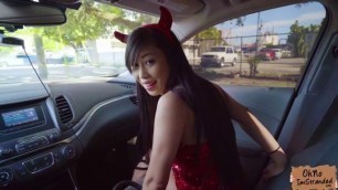 Slutty Asian babe Jade Kush flashes tits for a ride