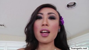 Asian Tgirl Venus slams Adriana tight pussy