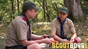 Two uniformed twink scouts fuck outdoors by campfire