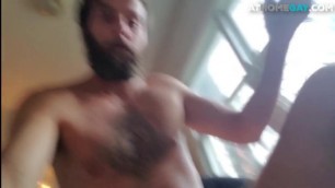 Bearded jock jerks and fingers his lubed asshole for jizz