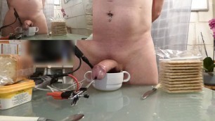 electrostim breakfast balls in coffee and teaspoon in cock and electrified to cum