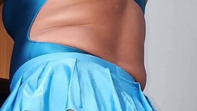 Teasing in blue licra swimsuit and mini skirt, precum drops Part 3