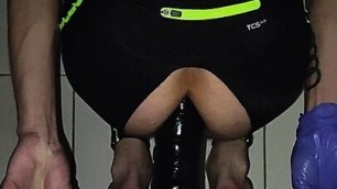 Big dildo riding while wearing running tights and cock rings