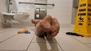 Public restroom pantie strip and nude play. Creampie on feet