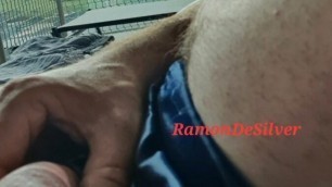 Master Ramon publicly massages his divine cock in hot satin shorts
